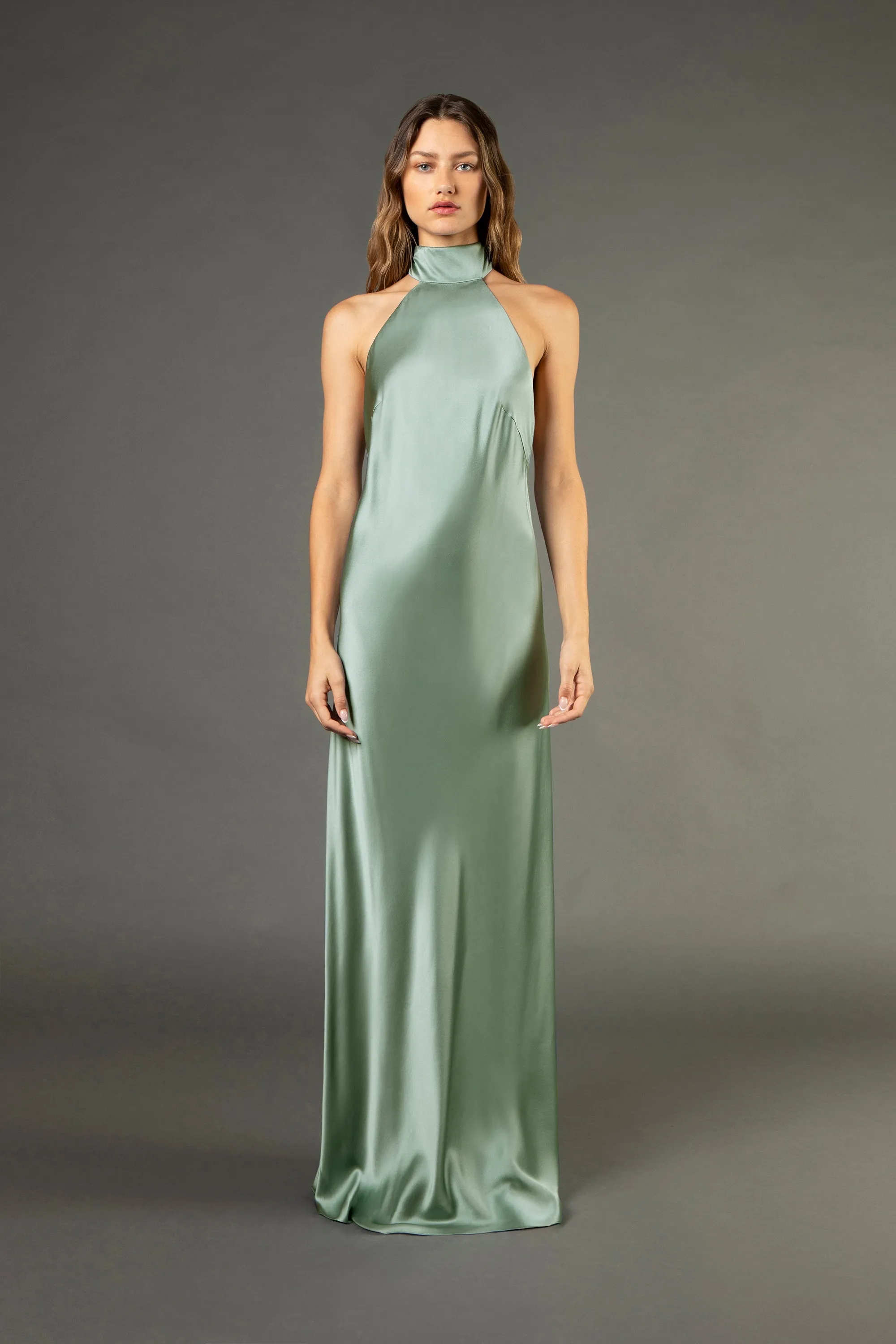 Halter tie neck backless gown - sage
