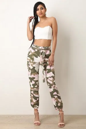 High Rise Camouflage Eyelet Belted Cargo Pants