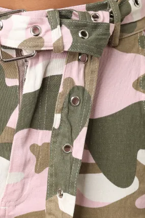 High Rise Camouflage Eyelet Belted Cargo Pants