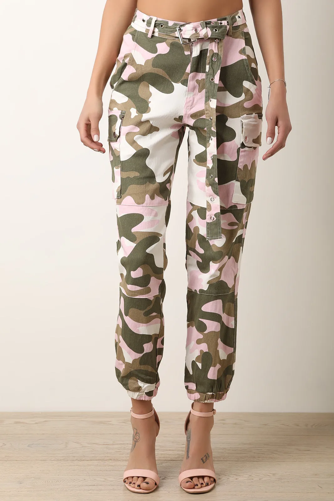 High Rise Camouflage Eyelet Belted Cargo Pants
