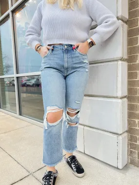 High Rise Distressed Hem Relaxed Straight Jean