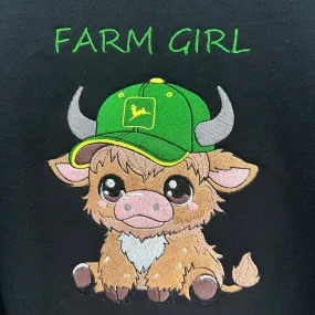 Highland Cow John Deere Farm Girl Embroidered YOUTH Crewneck Sweatshirt