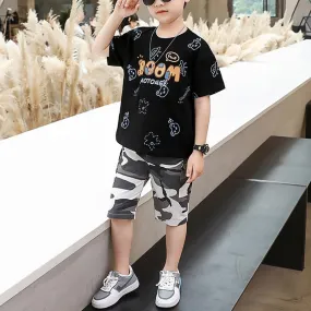 Kid Boy Letter Cartoon Pattern Top & Camouflage Shorts