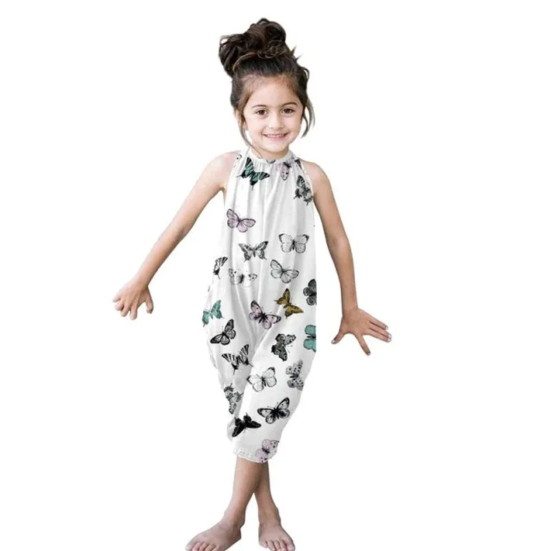 Kids Girls Pocket Jumpsuits New Summer Baby Girl Cartoon Print Overalls Jumpsuit Bodysuits Soft Girls Fashion Sunsuits Outfit