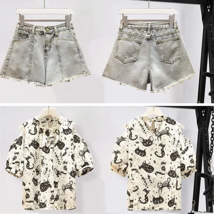 Kitty Print Cold Shouder Chiffon Shirt Casual Denim Shorts