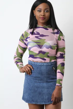 Lettuce-Edge Camo Mesh Crop Top