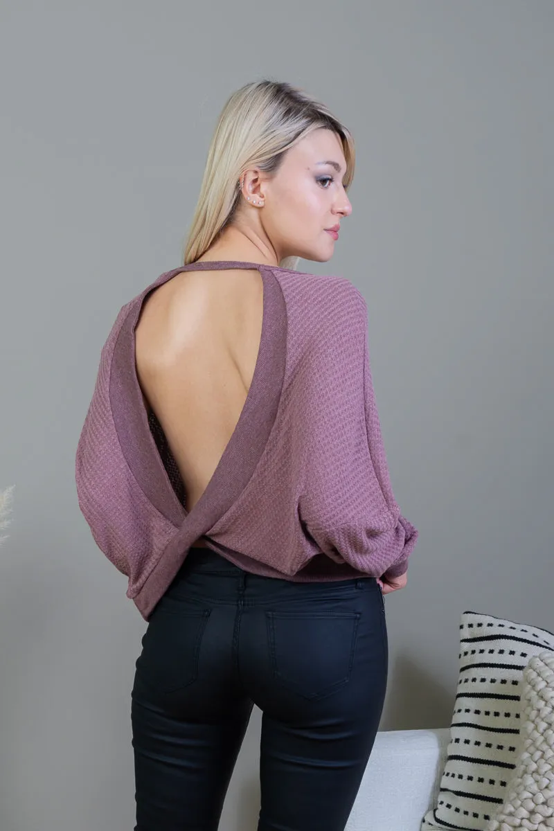 Long Sleeve Waffle Knit Crop Top with Open Criss Cross Draped Back in Dusty Mauve (T1004)