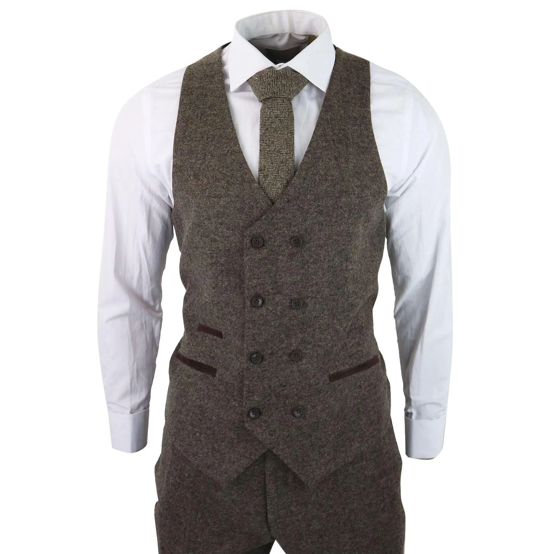 Mens Wool 3 Piece Suit Double Breast Waistcoat Tweed Blinders Classic 1920s Oak