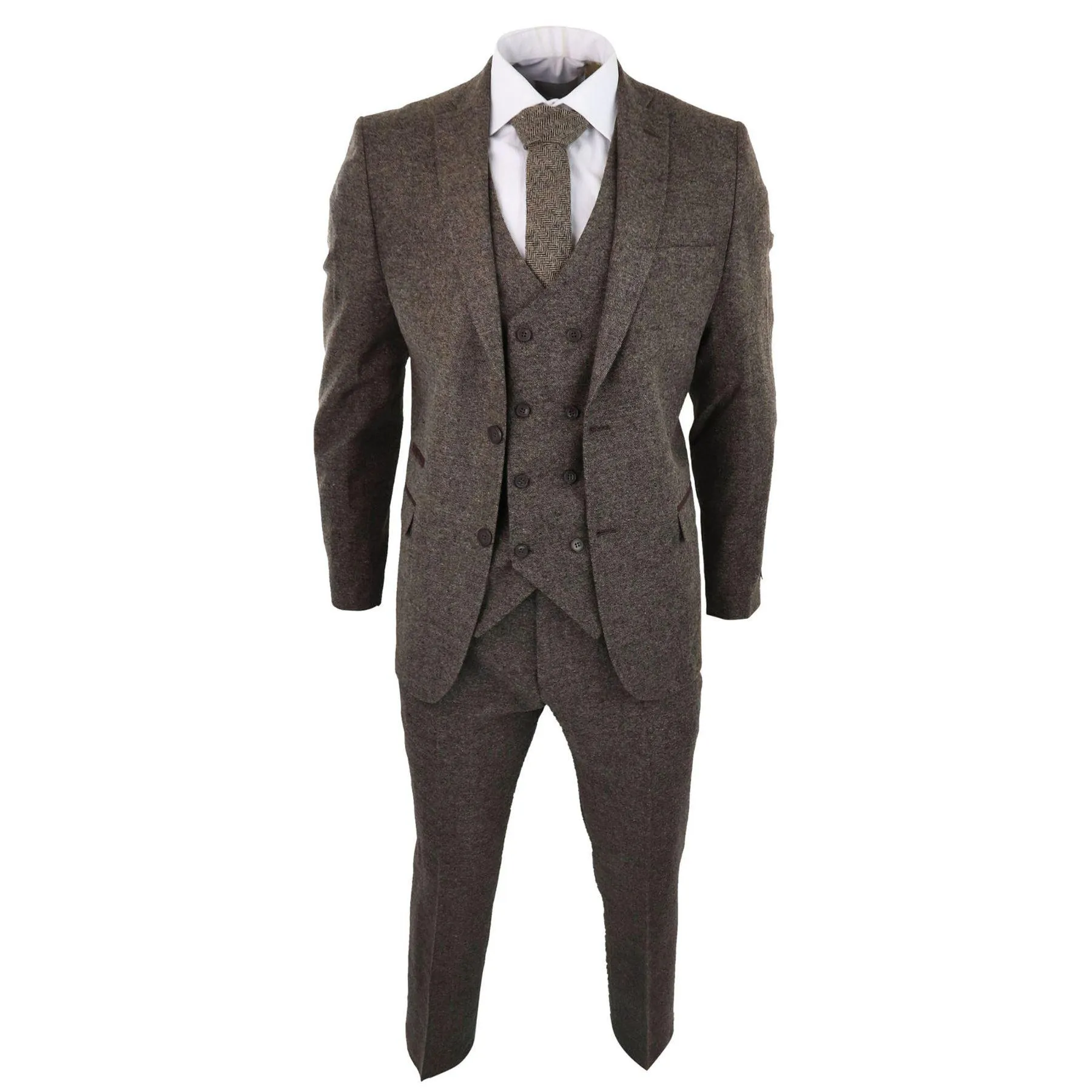 Mens Wool 3 Piece Suit Double Breast Waistcoat Tweed Blinders Classic 1920s Oak