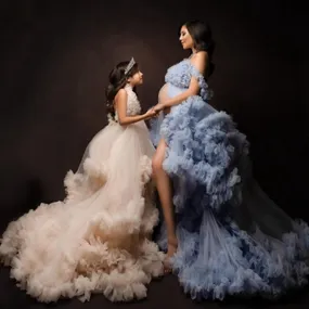 Mqtime Pretty Mother And Daughter Puffy Tulle Dress To Photo Shoot V-neck Backless Tiered Ruffles Mom And Kids Gowns Front Split