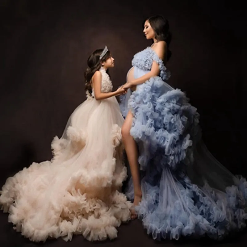 Mqtime Pretty Mother And Daughter Puffy Tulle Dress To Photo Shoot V-neck Backless Tiered Ruffles Mom And Kids Gowns Front Split