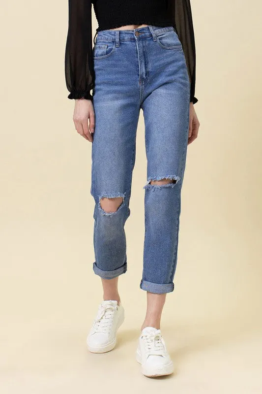 My Man High Waisted Boyfriend Jeans-Medium Stone