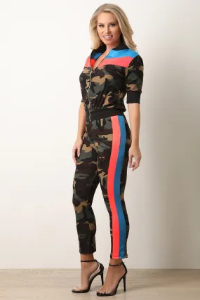 Neon Colorblock Camouflage Zip Top with Matching Pants Set