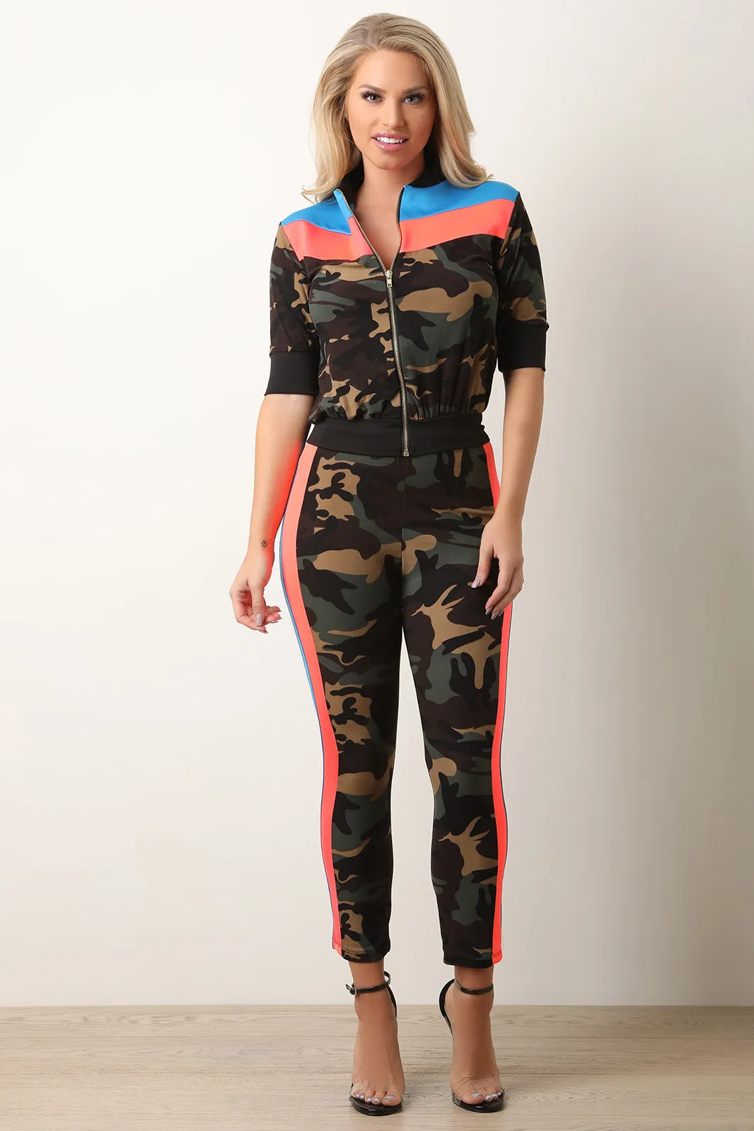 Neon Colorblock Camouflage Zip Top with Matching Pants Set
