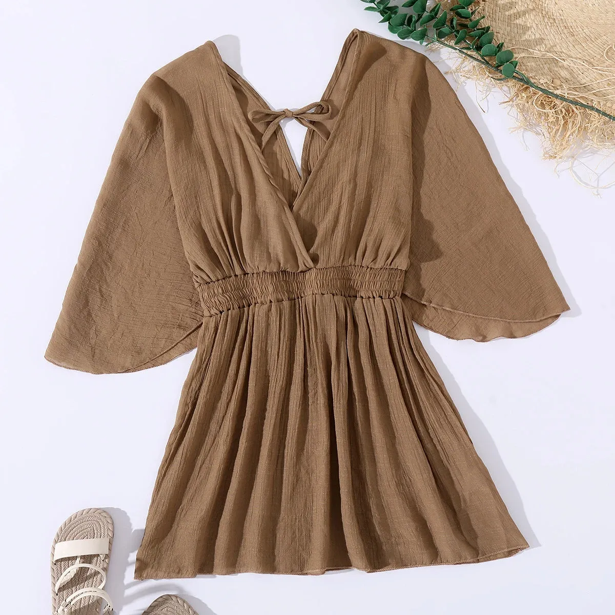 New Summer New Arrival Beach Bikini Dress Sun Protection by the Sea V Neck Waist-Controlled Long Sleeves Open Back Blouse for Women