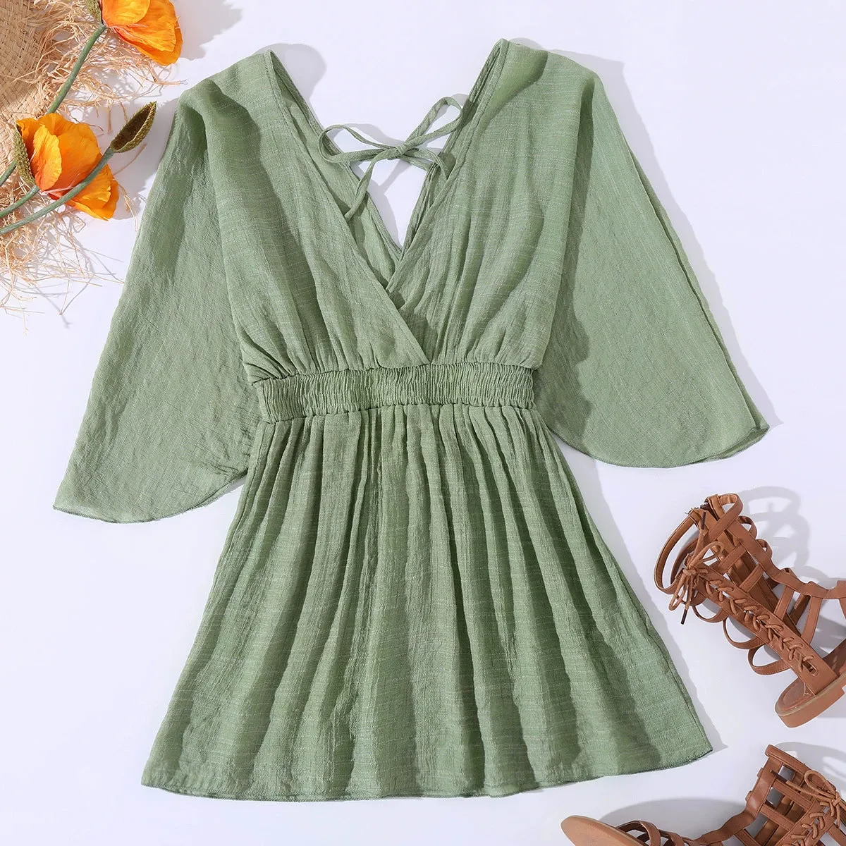 New Summer New Arrival Beach Bikini Dress Sun Protection by the Sea V Neck Waist-Controlled Long Sleeves Open Back Blouse for Women