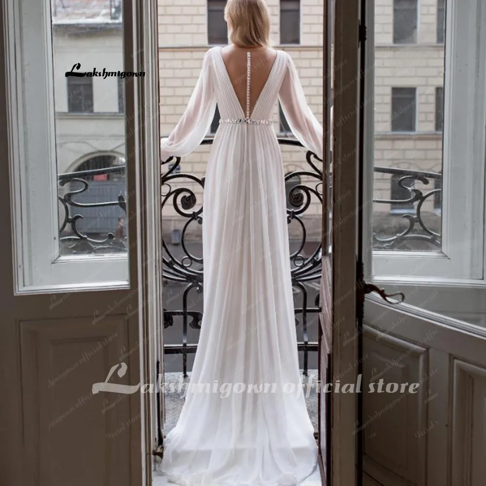 NumberSea Beach Wedding Dresses Full Sleeve Boho Bridal Gowns Chiffon