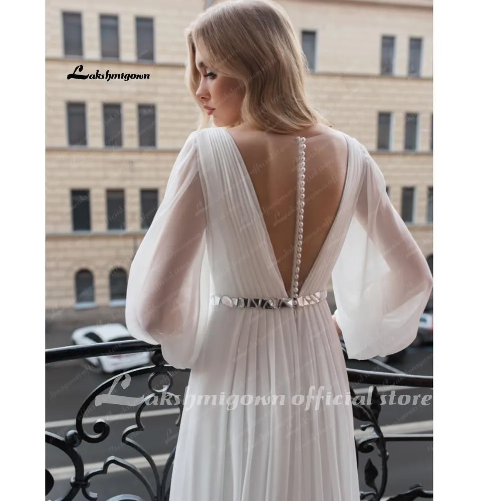 NumberSea Beach Wedding Dresses Full Sleeve Boho Bridal Gowns Chiffon