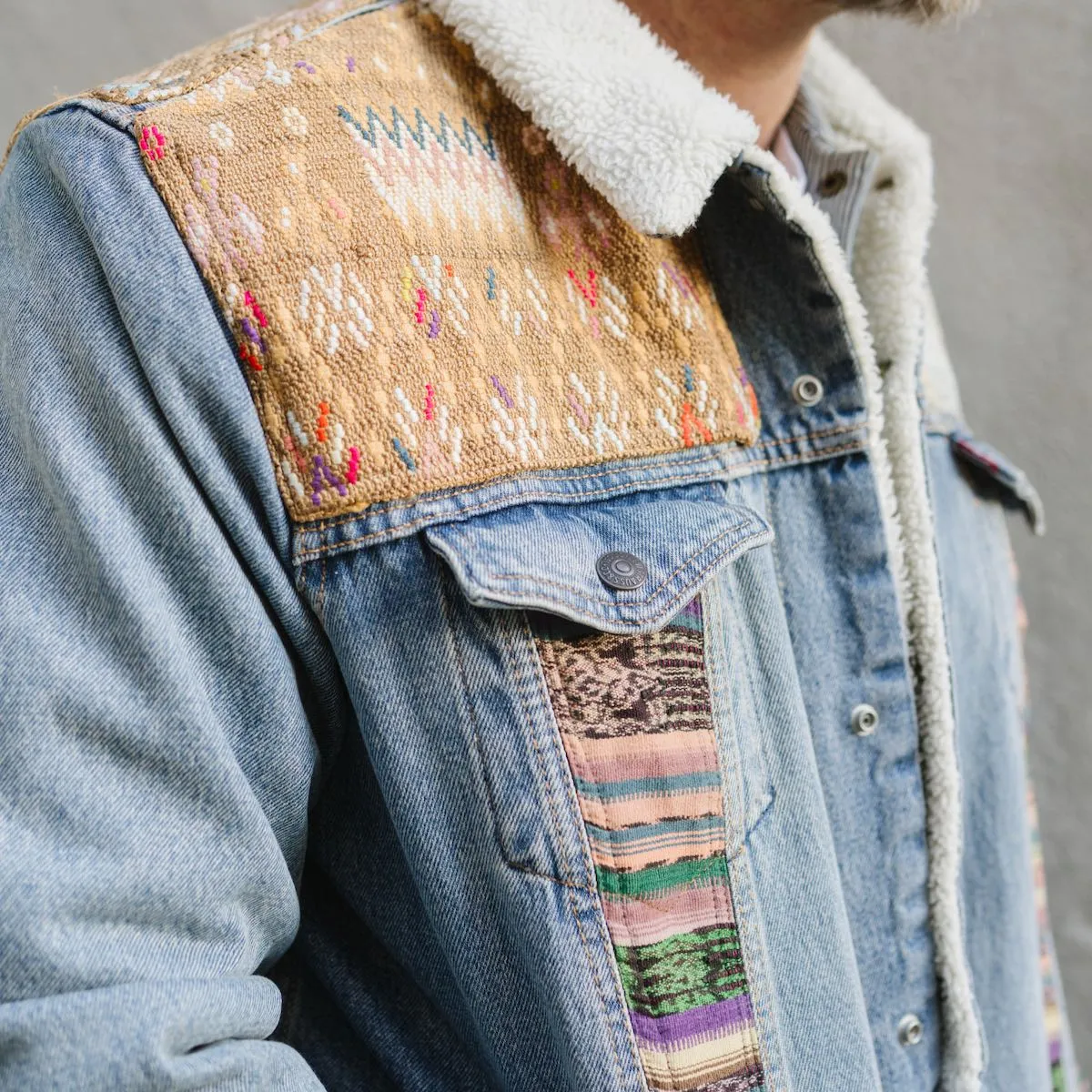 OOAK EMBELLISHED DENIM SHERPA JACKET - SIZE L - NO. 15061