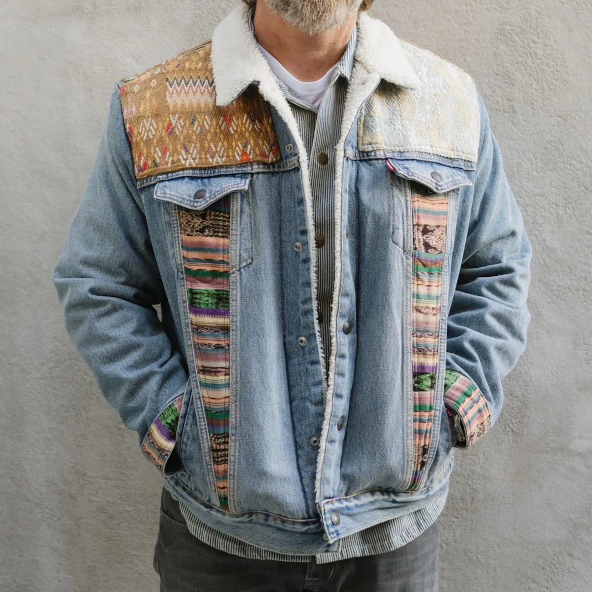 OOAK EMBELLISHED DENIM SHERPA JACKET - SIZE L - NO. 15061