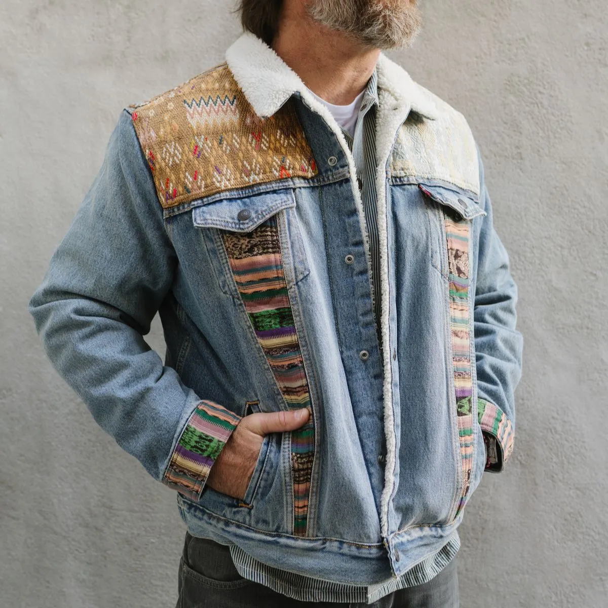 OOAK EMBELLISHED DENIM SHERPA JACKET - SIZE L - NO. 15061