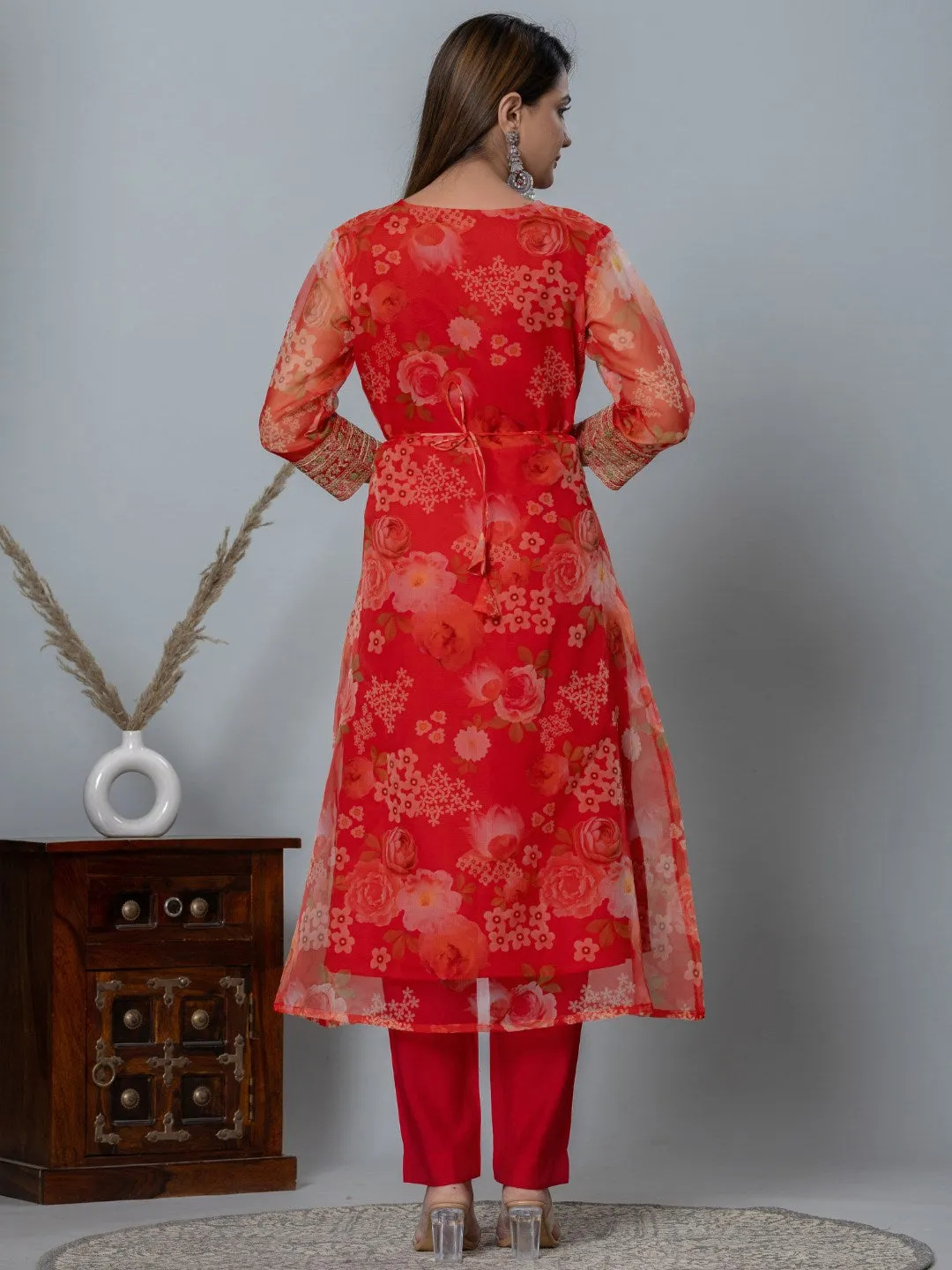 Organza Floral Printed Embroidered Kurta, Pants and Dupatta Set - Red
