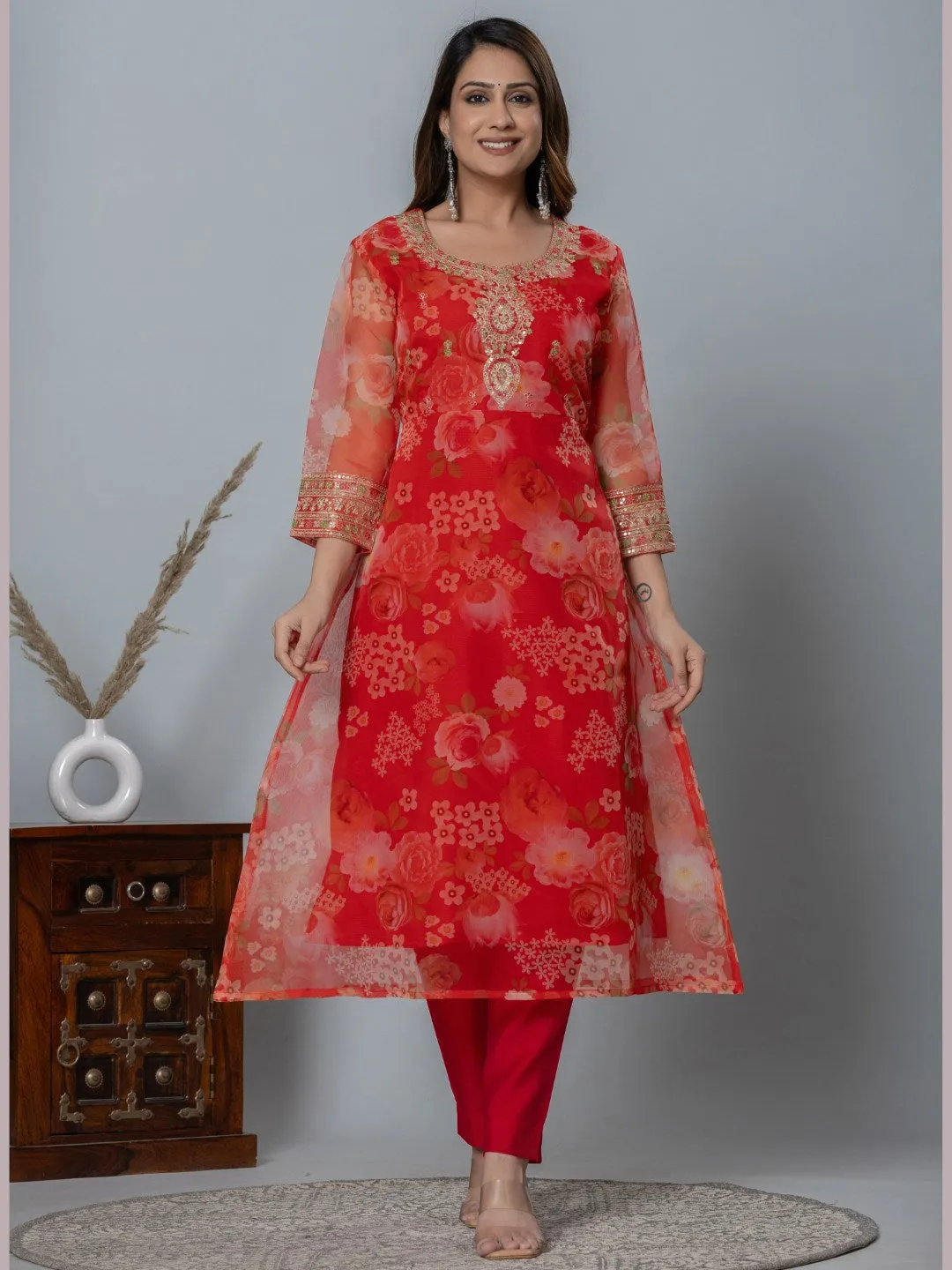 Organza Floral Printed Embroidered Kurta, Pants and Dupatta Set - Red