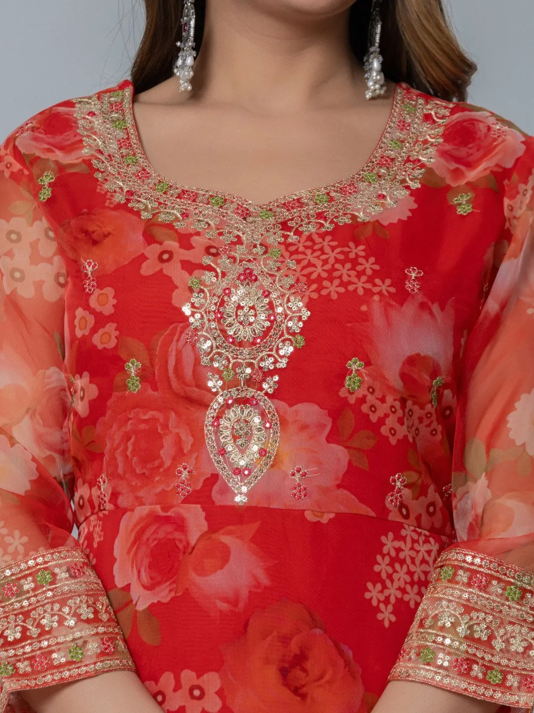 Organza Floral Printed Embroidered Kurta, Pants and Dupatta Set - Red