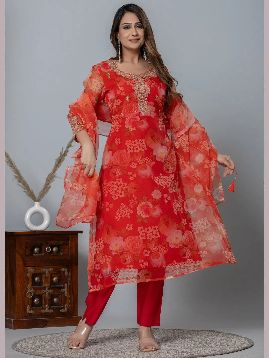 Organza Floral Printed Embroidered Kurta, Pants and Dupatta Set - Red