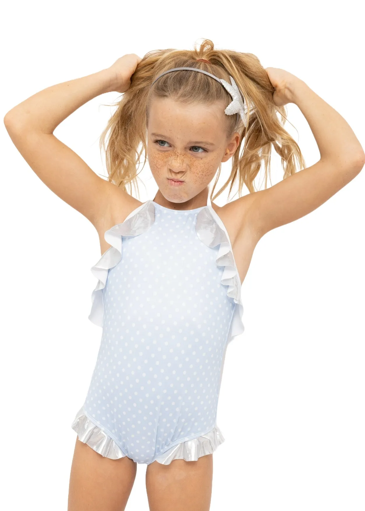 POLKA DOT SWIMSUIT WITN SILVER RUFFLE