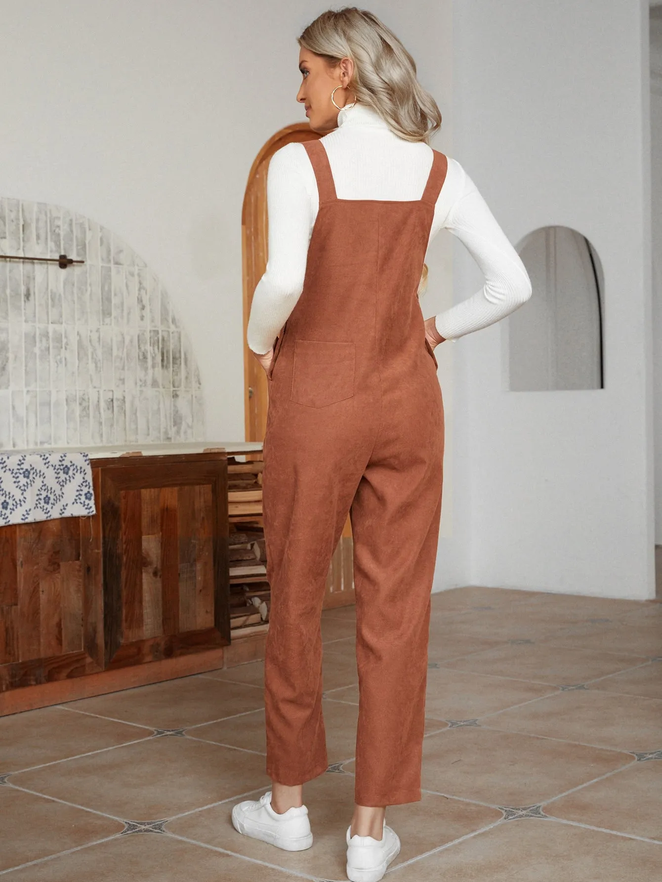 Preppy Plain Pocket Sleeveless Straps High Waist Long Women Jumpsuit