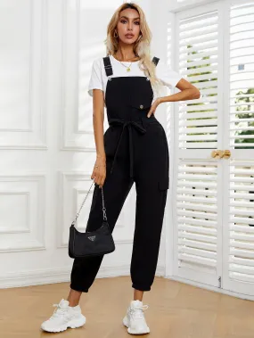 Preppy Plain Pocket Sleeveless Straps High Waist Long Women Jumpsuits