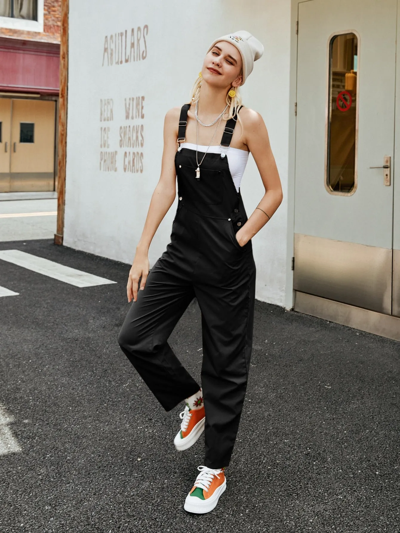 Preppy Plain Pocket Sleeveless Straps Natural Long Women Jumpsuits