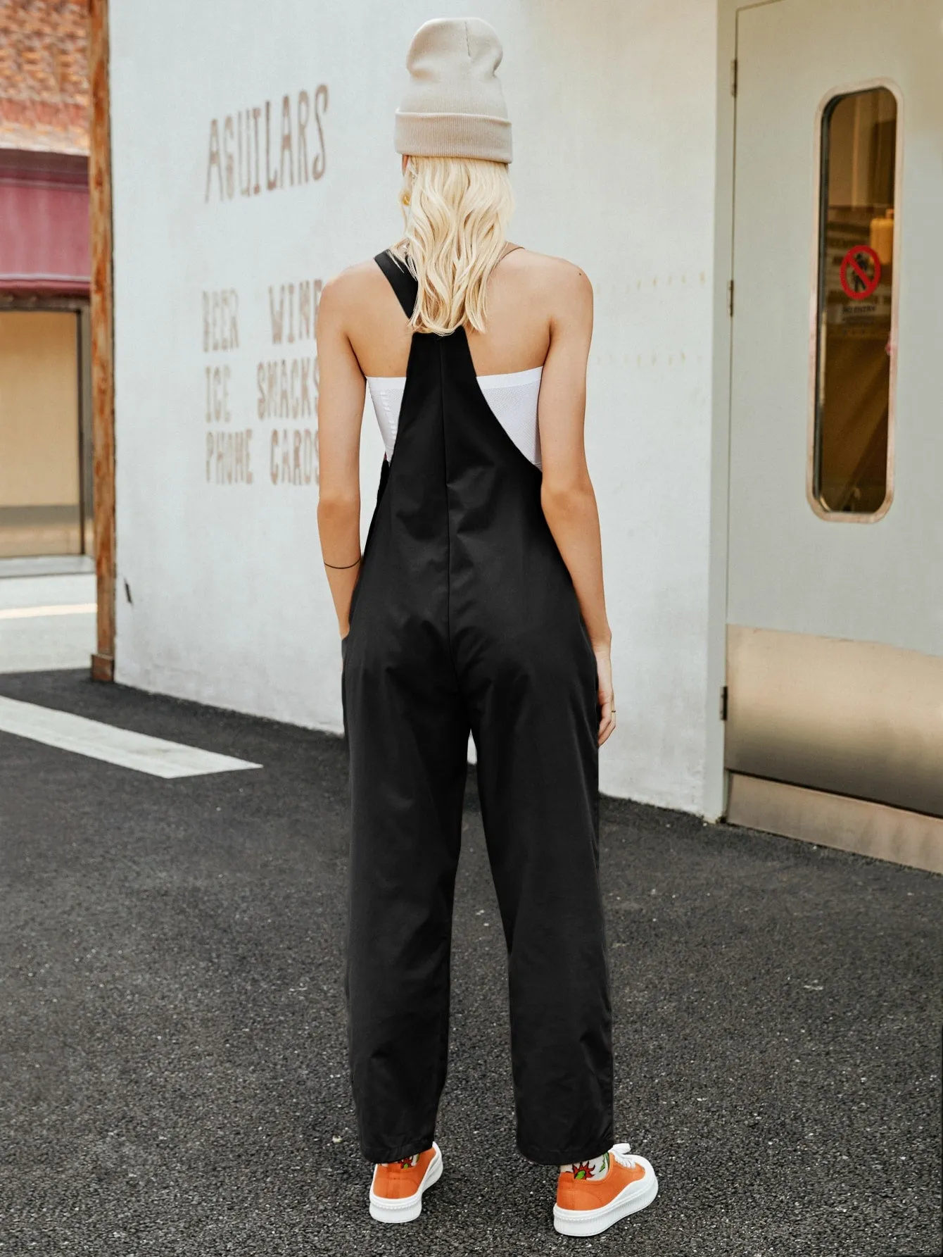 Preppy Plain Pocket Sleeveless Straps Natural Long Women Jumpsuits