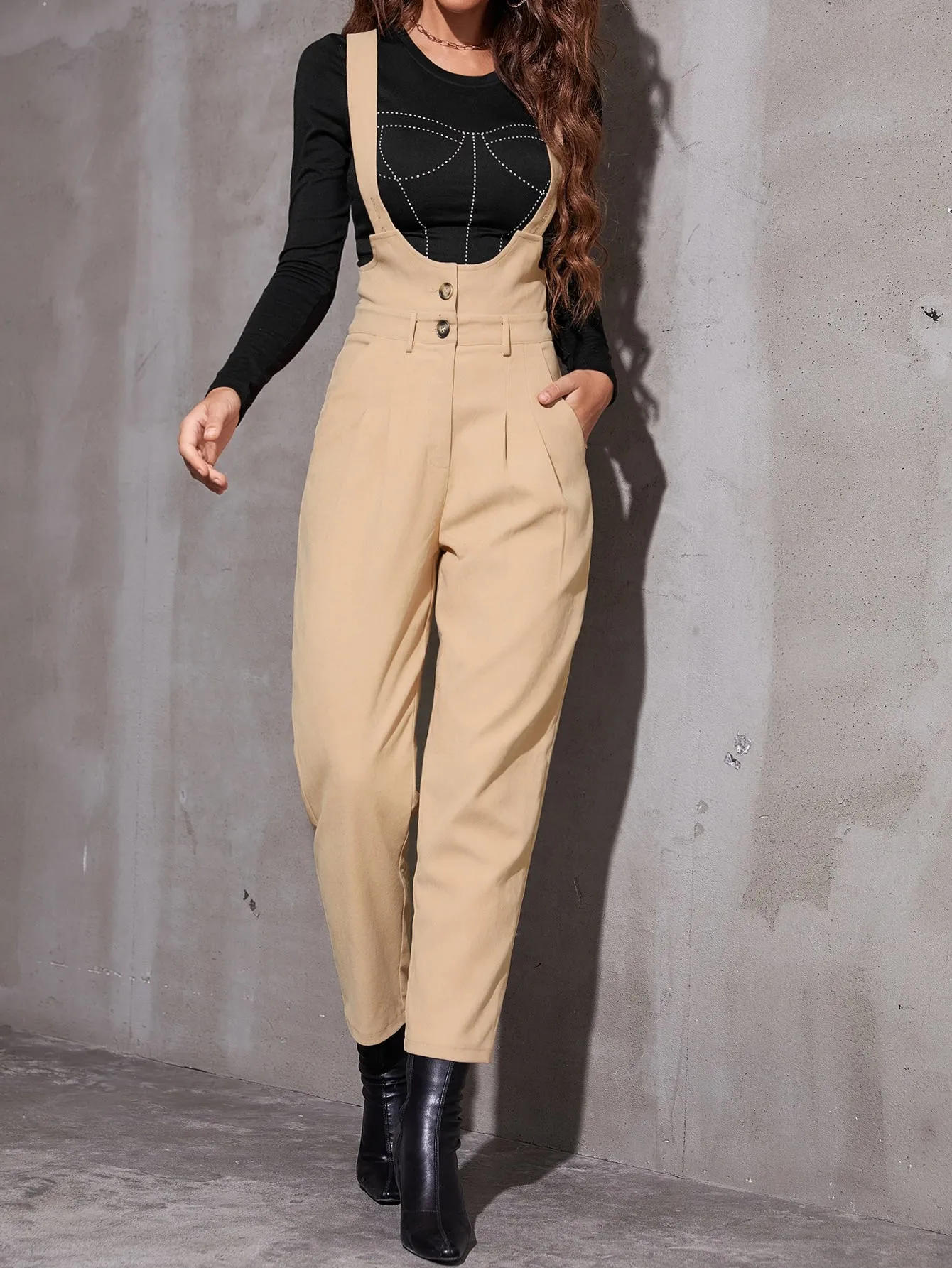Preppy Pocket Sleeveless Straps High Waist Capris Women Jumpsuit