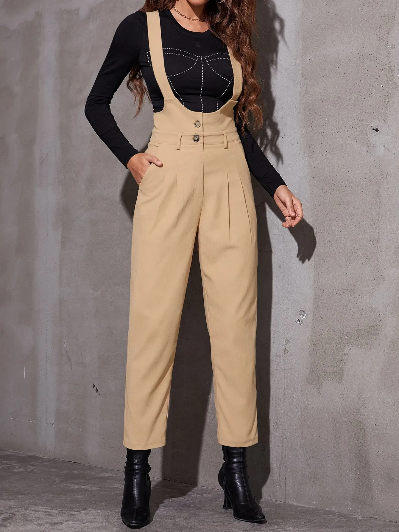 Preppy Pocket Sleeveless Straps High Waist Capris Women Jumpsuit