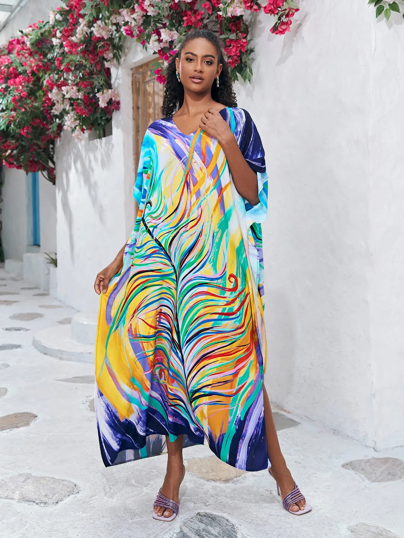 Print Long Kaftan Dress - Women's Beach Loungewear
