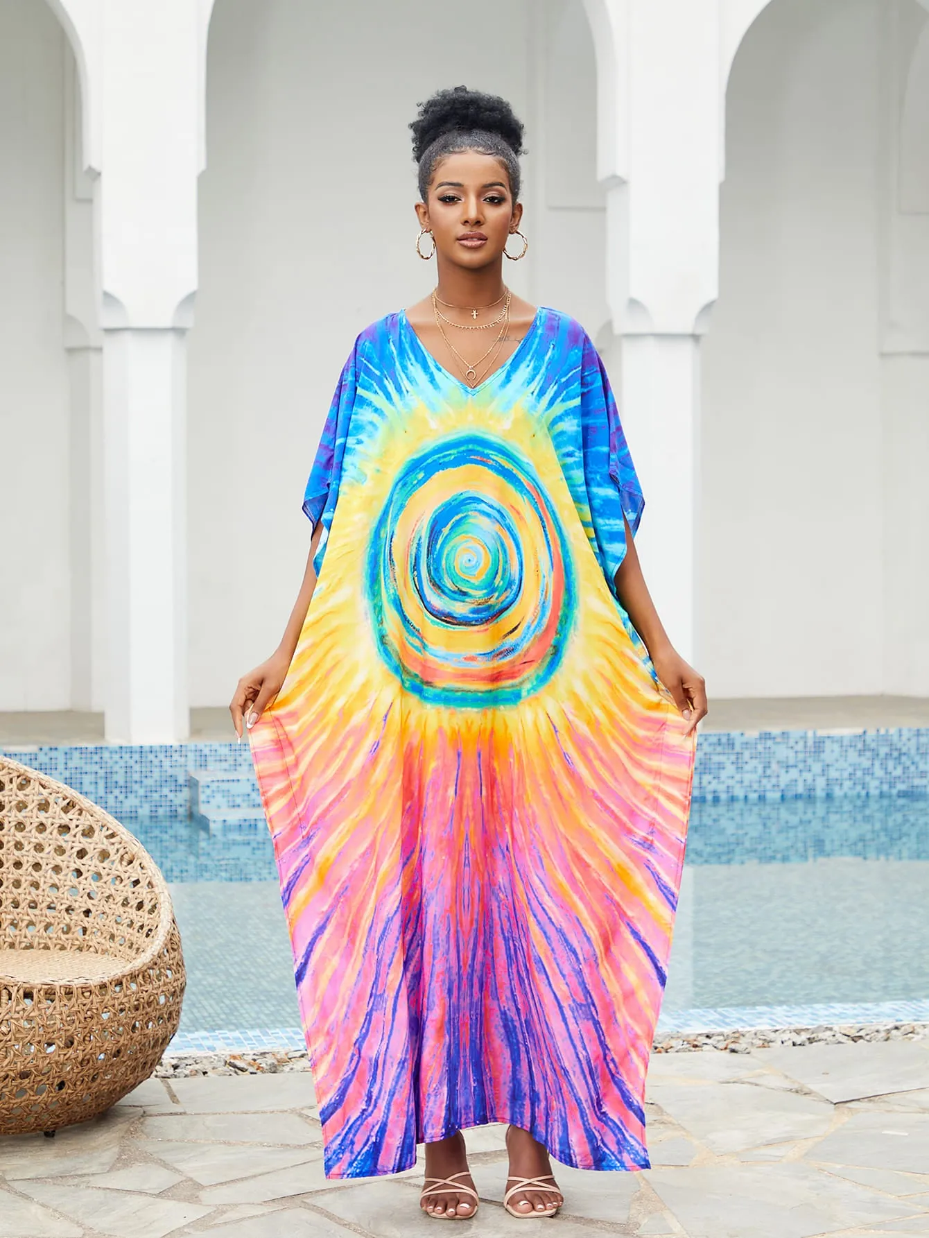 Print Long Kaftan Dress - Women's Beach Loungewear