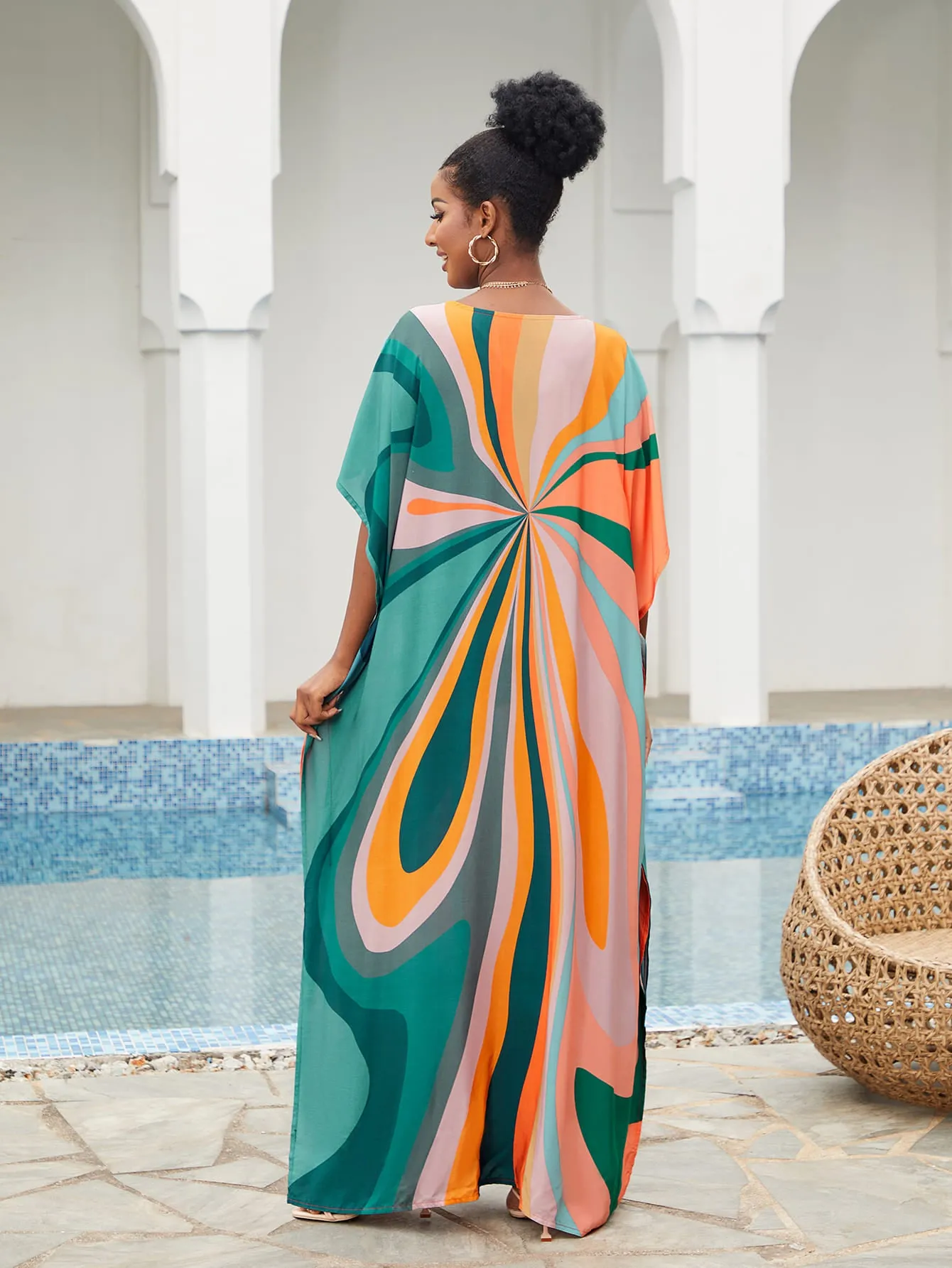 Print Long Kaftan Dress - Women's Beach Loungewear
