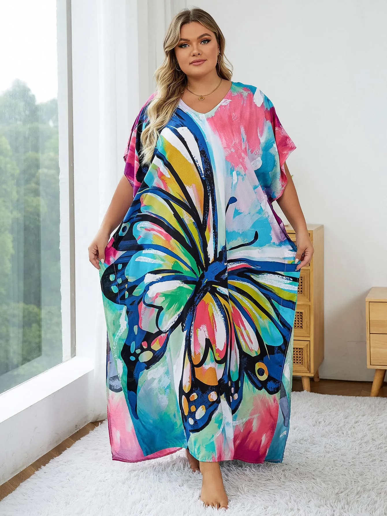 Print Long Kaftan Dress - Women's Beach Loungewear