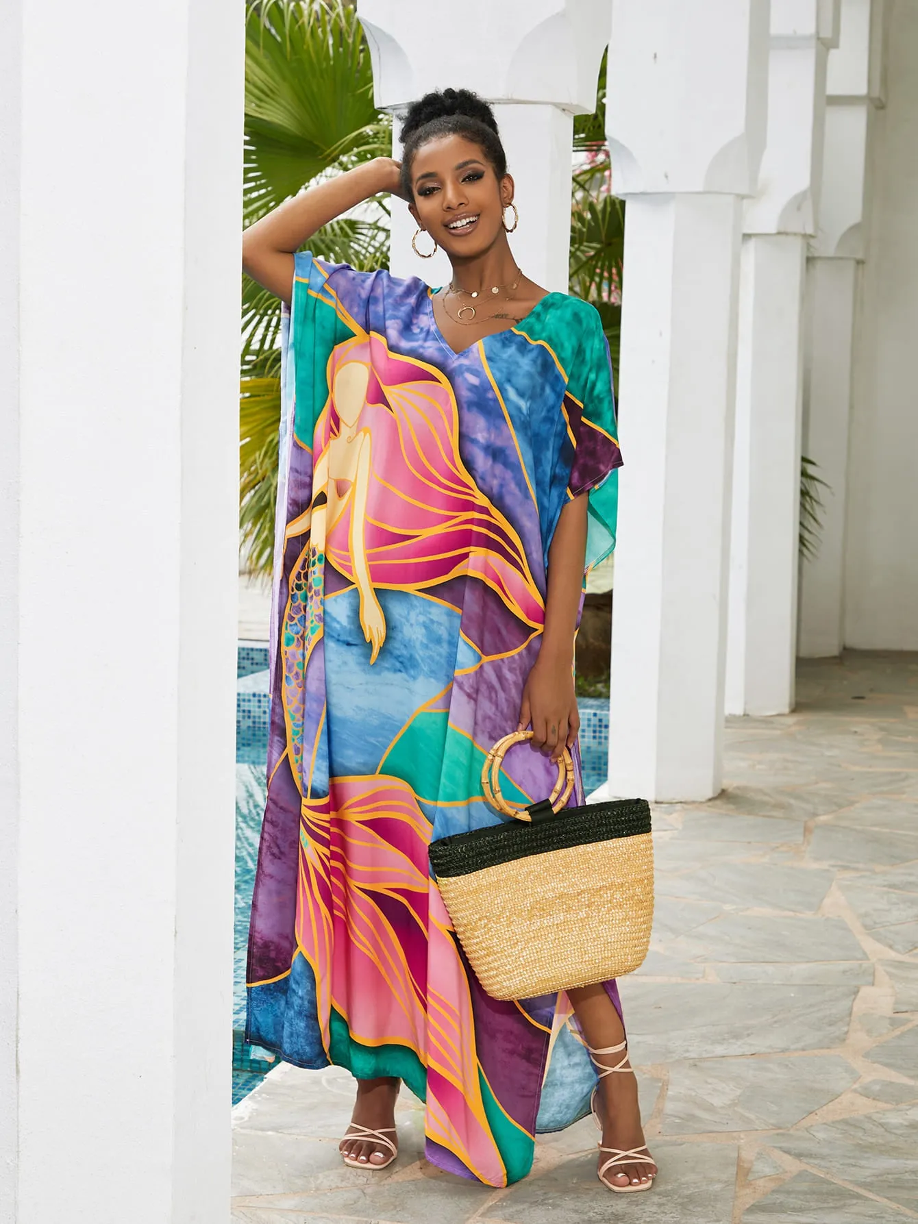 Print Long Kaftan Dress - Women's Beach Loungewear