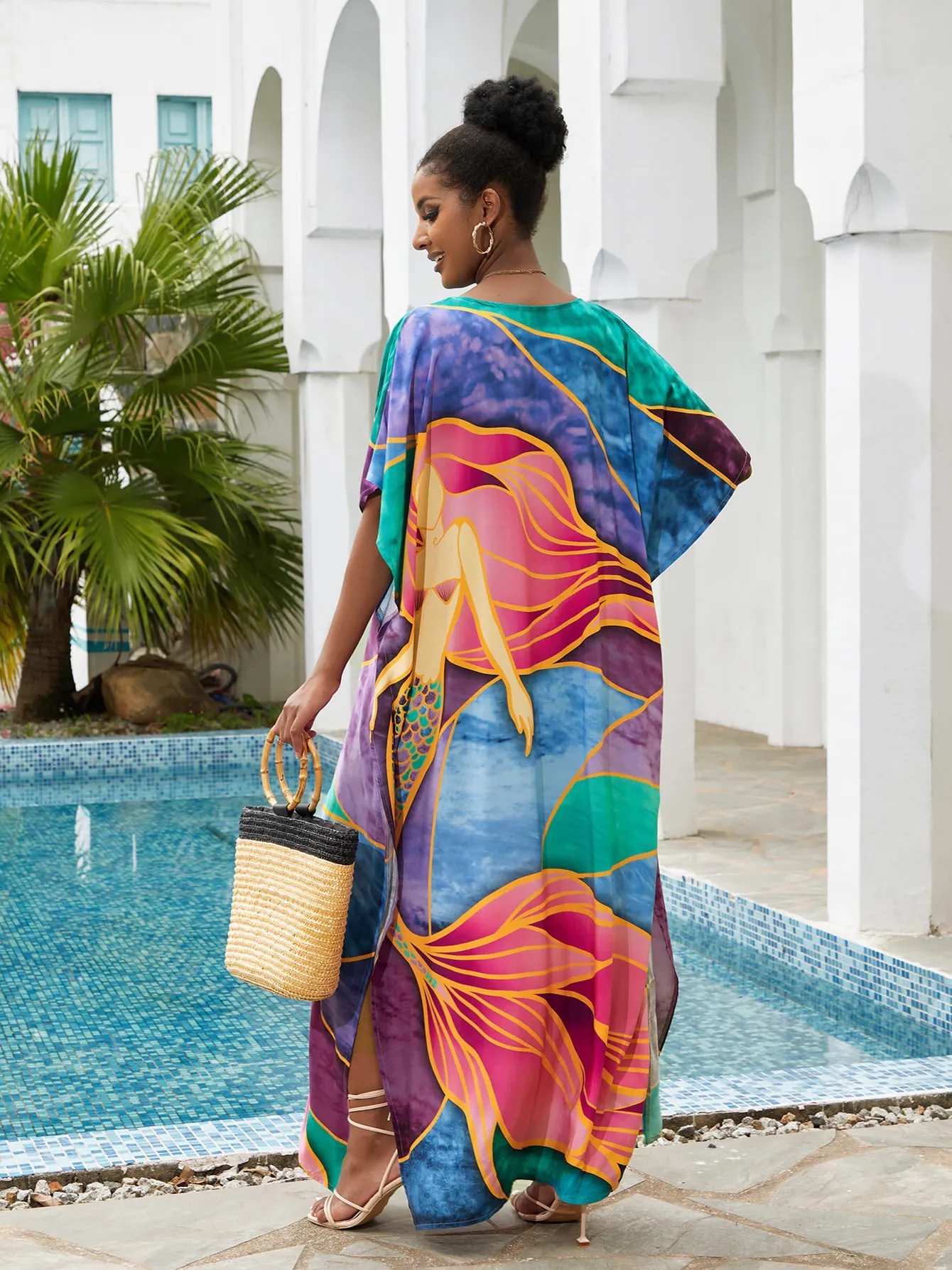Print Long Kaftan Dress - Women's Beach Loungewear
