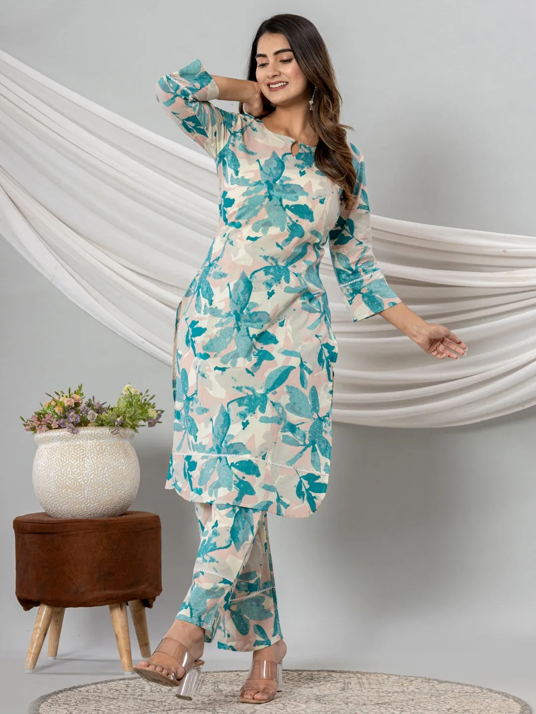 Pure Cotton Floral Printed Kurta Trouser Co-Ord Sets - Cyan