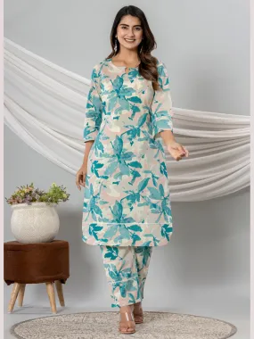 Pure Cotton Floral Printed Kurta Trouser Co-Ord Sets - Cyan