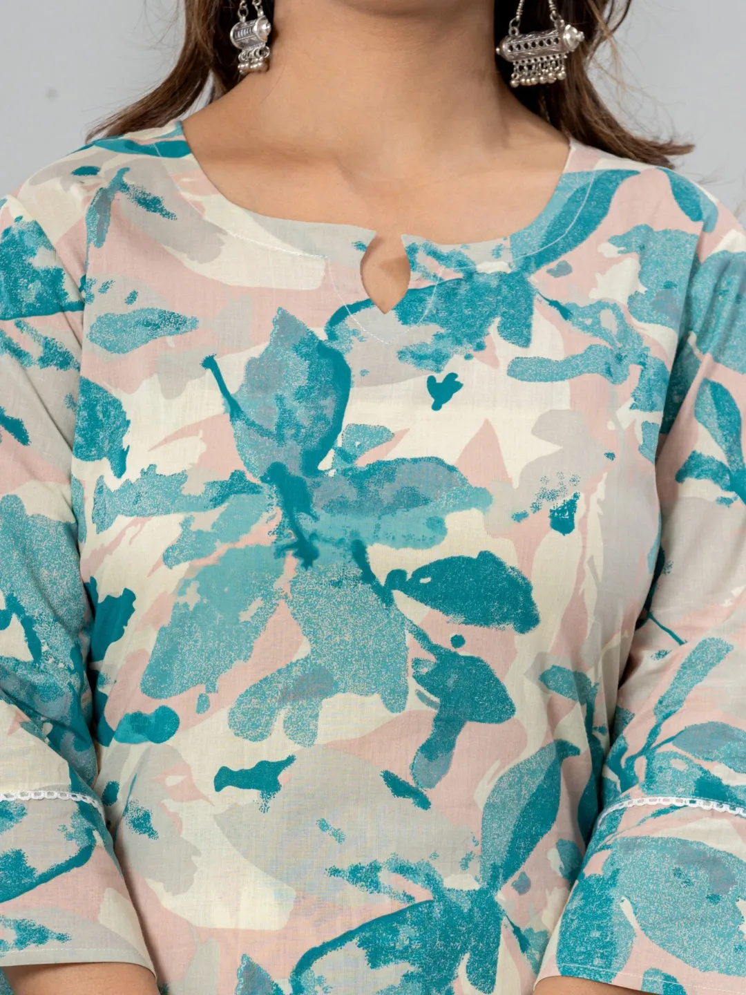 Pure Cotton Floral Printed Kurta Trouser Co-Ord Sets - Cyan