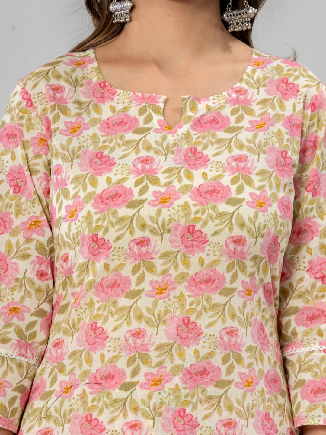 Pure Cotton Floral Printed Kurta Trouser Co-Ord Sets - Pink