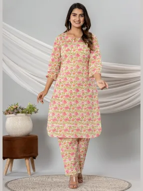 Pure Cotton Floral Printed Kurta Trouser Co-Ord Sets - Pink