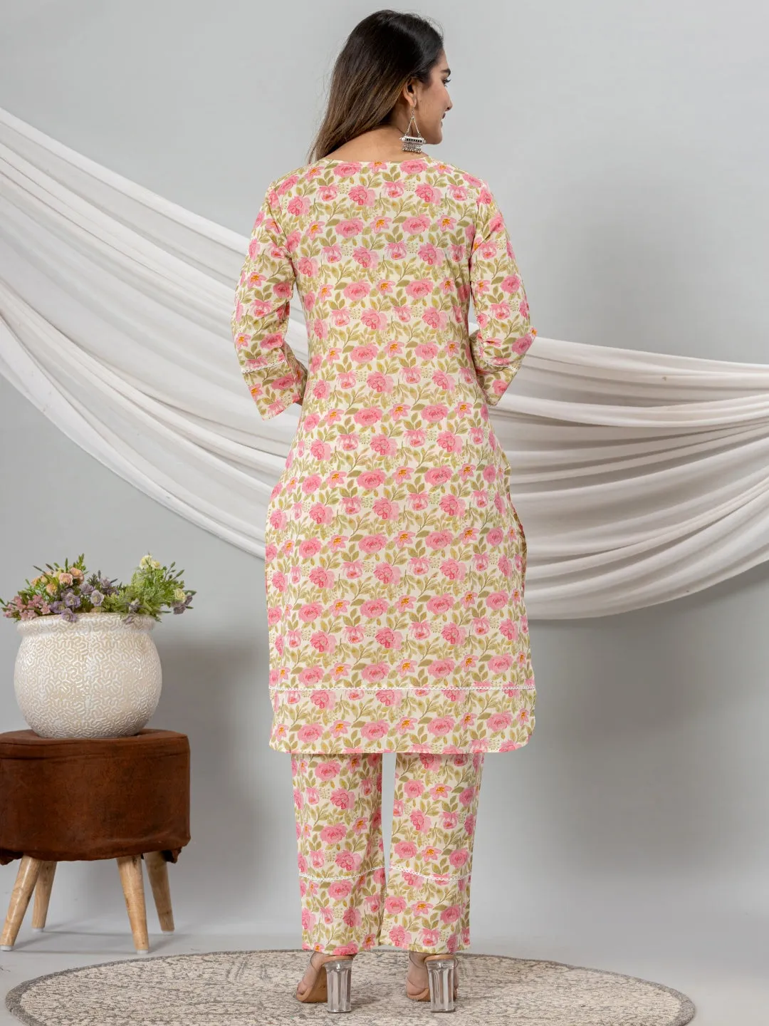 Pure Cotton Floral Printed Kurta Trouser Co-Ord Sets - Pink