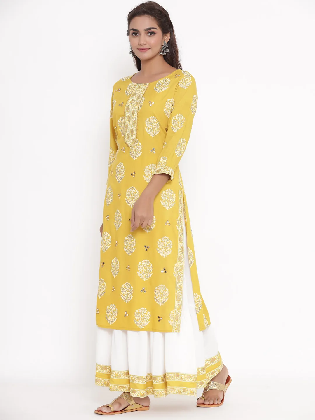Rayon Floral Print Aari Embroidered Kurta and Skirt Set (Mustard)
