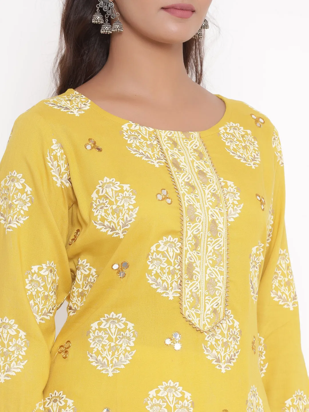 Rayon Floral Print Aari Embroidered Kurta and Skirt Set (Mustard)